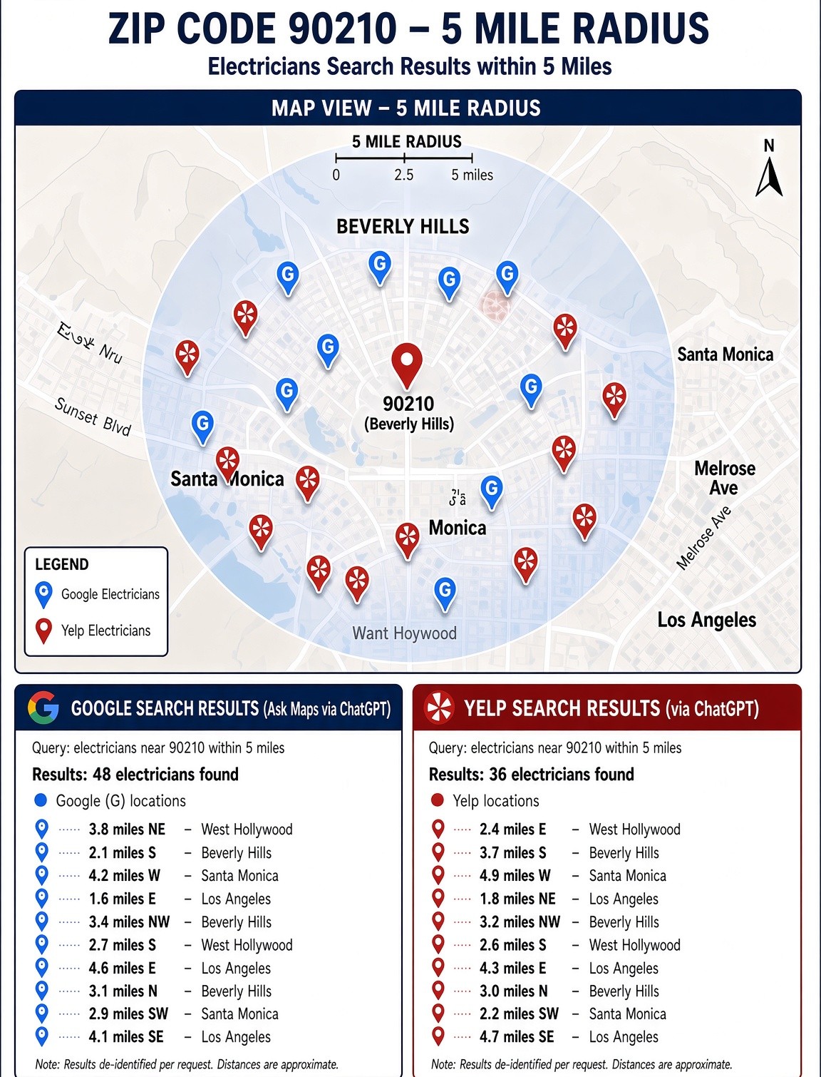 Illustration: map of a 5-mile radius around a ZIP code showing Google electrician pins in blue and Yelp electrician pins in red in different spots, with both result lists side by side