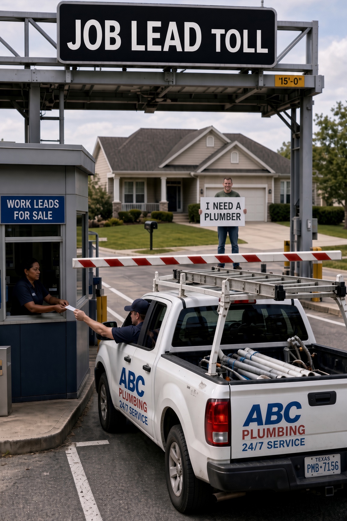 A plumber's work truck paying a toll at a gate marked JOB LEAD TOLL and WORK LEADS FOR SALE, while a homeowner stands in the driveway behind it holding a sign that reads I NEED A PLUMBER